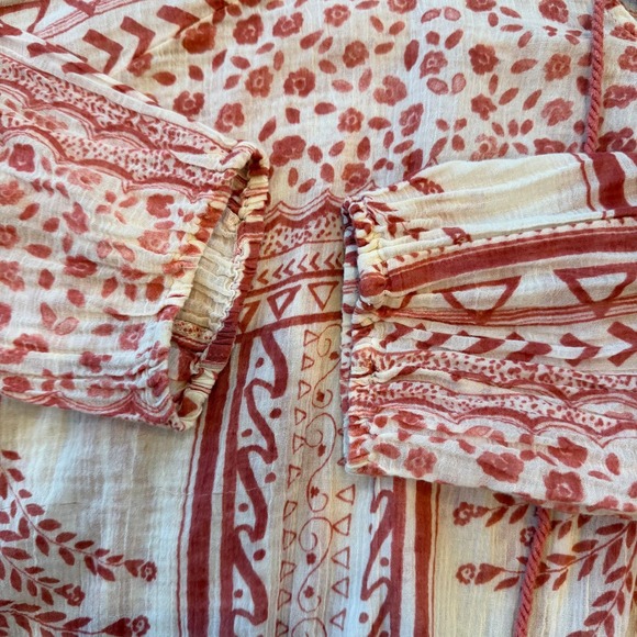 Free People Boho Lace Up Tassel Blouse Top Cream Red Long Sleeves Size Small - Picture 9 of 11